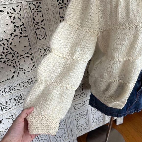 Handmade Boho Grannycore Neutral Ivory Bubble Sleeve Open Cardigan Sz Medium - Picture 3 of 4